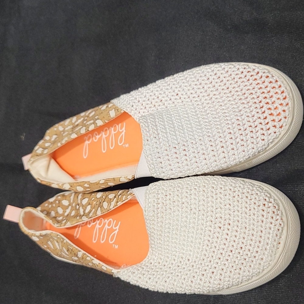 Poppy Womens White Crochet Knit Cork‎ Print Slip On Sneakers Size 7 Flat Shoes